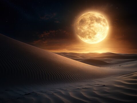 Surreal moonlit night in a vast, tranquil desert landscape with sand dunes illuminated by a glowing full moon