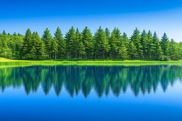 Obraz premium A peaceful lake in the New Jersey Pine Barrens, surrounded by tall trees reflecting in the water