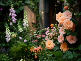 Vibrant English cottage garden filled with blooming flowers in soft peach, pink, and purple tones