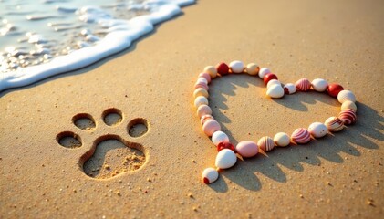 Paw prints in the sand with a heart symbol made of seashells, sea, animal track
