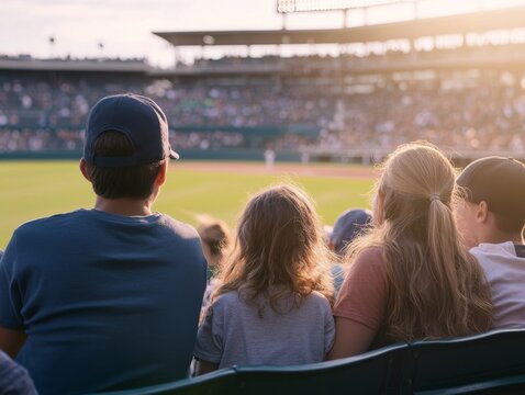 Families gather to enjoy a sunny afternoon at the baseball game with excitement in the air and a lively crowd in the background