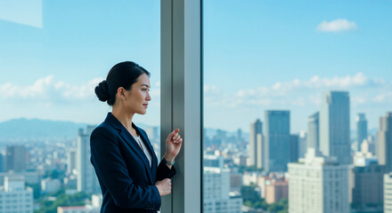 Fototapeta premium Businesswoman contemplating future against urban skyline 