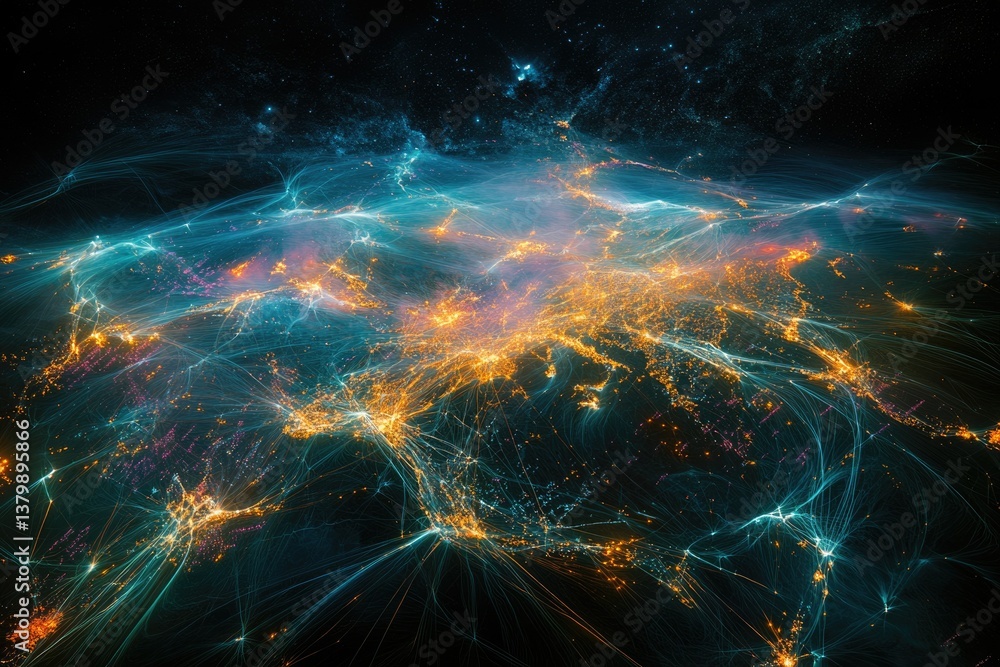 Aufkleber Abstract aerial view of interconnected global networks resembling cities with lights and cosmic elements in blue, orange, and black, creating a mesmerizing effect.