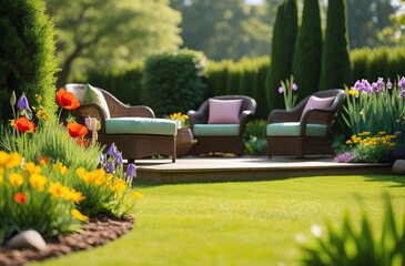 A serene backyard garden basks in the warm sunlight, featuring a vibrant array of colorful flowers.