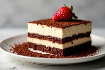Elegant tiramisu; dark cocoa dusting, visible layers of light and dark components , bakery, food