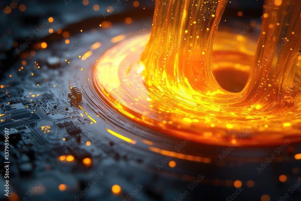 Poster Abstract depiction of glowing energy cascading down onto a circuit board, symbolizing innovation and technological advancement.
