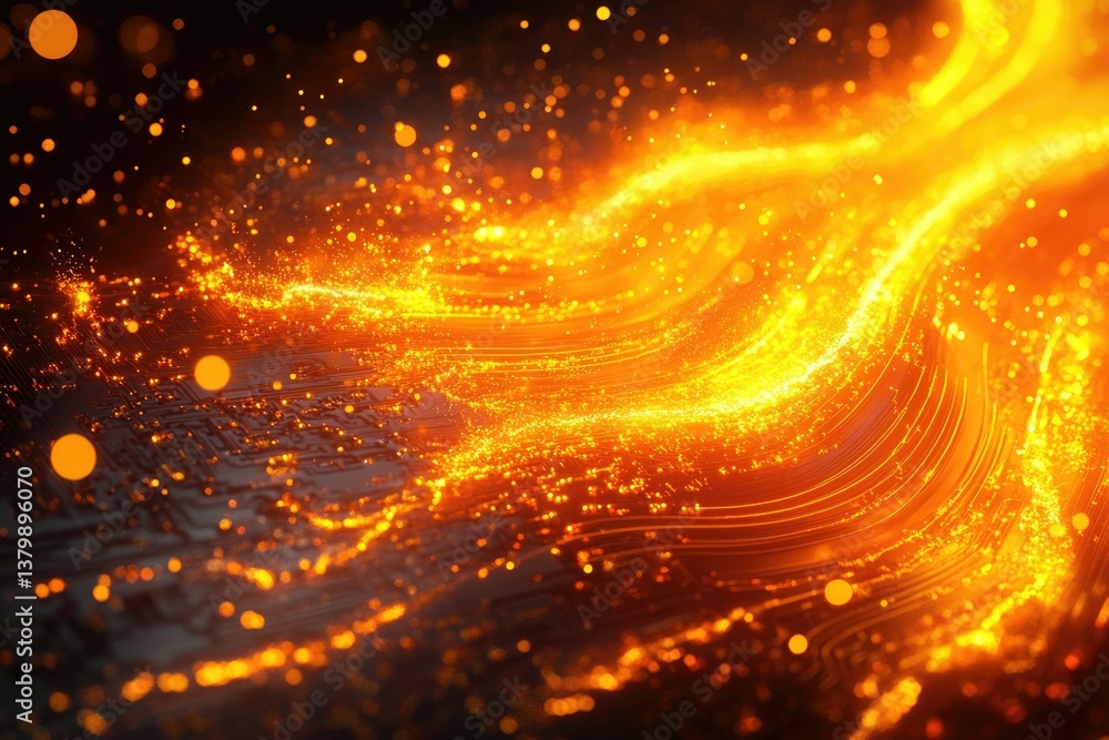 Poster abstract image of flowing golden light, resembling molten metal or energy streams with a dark, textu