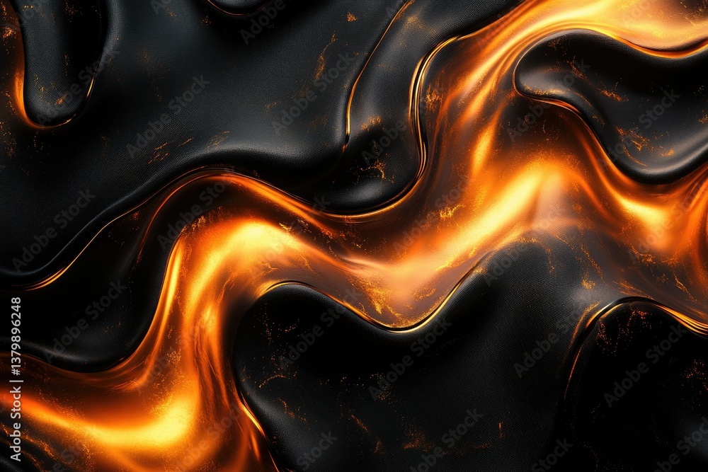 Poster abstract image featuring glossy black material undulating with streaks of bright orange and gold, re