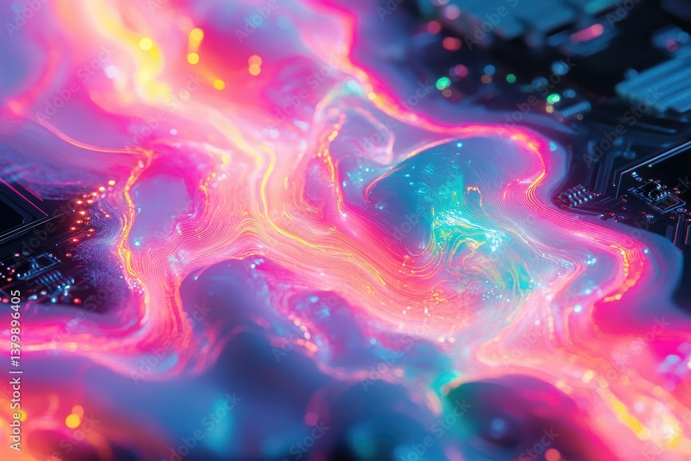 Poster abstract image of a circuit board with fluid, vibrant, neon lights flowing across the surface, blend