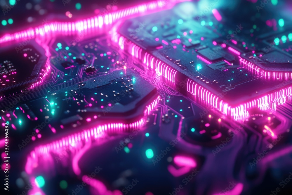 Poster cyberpunk motherboard with glowing neon pink circuits and turquoise accents, reflecting future tech 