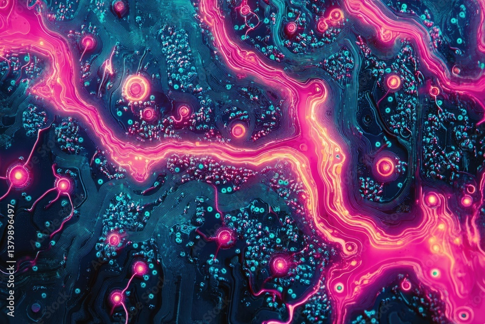 Aufkleber An abstract, mesmerizing landscape with glowing pink rivers flowing through a network of interconnected teal structures, creating a vibrant, otherworldly scene.