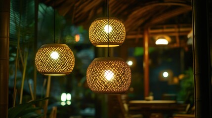 Obraz premium Woven spherical lamps illuminate a dimly lit outdoor restaurant setting
