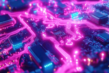 Obraz premium Glowing pink and blue futuristic motherboard showcasing technology, circuits, processors, and connectivity in an abstract digital landscape with bright lights.