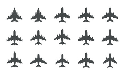 Airplane icons set, commercial cargo fighter and military aircraft mix collection