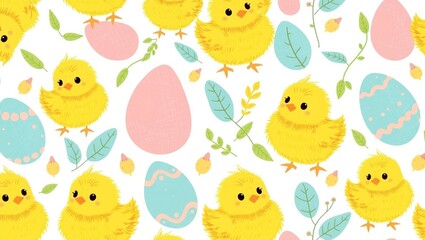 A whimsical seamless pattern featuring adorable baby chicks with fluffy yellow feathers