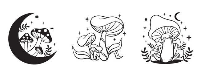 Magic mushrooms. Crystal mushrooms. Mystical witch mushrooms with moon and stars, witchy tattoos.