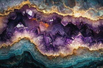 A mesmerizing geode showcasing sparkling amethyst crystals framed by golden accents and layers of blue and gray agate.