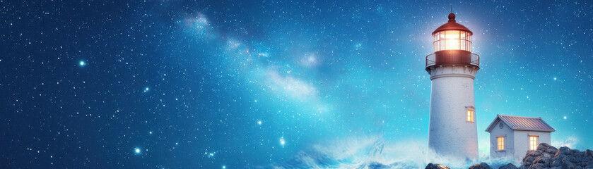 stunning lighthouse stands tall against starry night sky, illuminated by soft glow of its light. Waves crash against rocky shore, creating serene and magical atmosphere