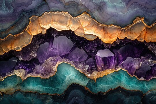 A mesmerizing geode showcases layers of amethyst crystals bordered by amber and teal mineral formations, intricate geological beauty.