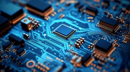 Obraz premium Glowing Blue Circuit Board Microchip Detail