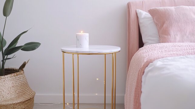 Elegant marble side table with velvet bed in soft glam bedroom modern decor cozy environment aesthetic viewpoint