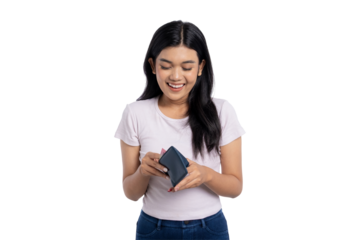 Happy young Asian woman smiling and holding wallet with money inside, isolated on transparent background