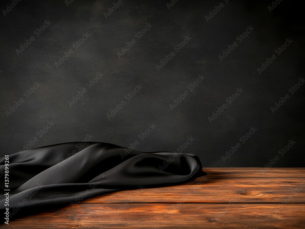 Poster black fabric draped on wooden table against dark backdrop in a minimalistic setting for artistic pur