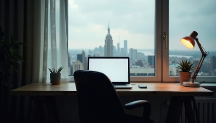 Empty chair at desk facing laptop, window view showing overcast sky , room, technology