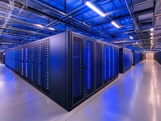 Modern data center showcasing rows of servers illuminated by blue lighting in a high-tech facility