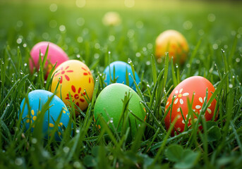 Colorful Easter Eggs Hidden In Green Grass Sunlight