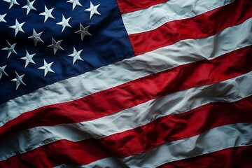 A majestic American flag, its stars and stripes powerfully displayed in rich, deep colors and dramatic folds.