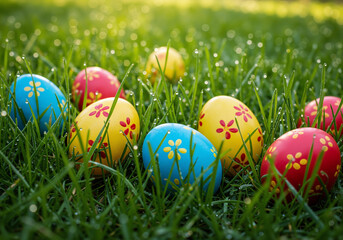 Colorful Easter Eggs Hidden In Green Grass Sunlight