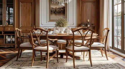 Classic Wooden Dining Chairs Around Oval Table 