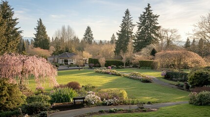 A beautiful landscape featuring a garden gazebo and flourishing greenery