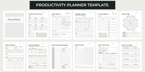 Vector planner pages templates. Daily, weekly, monthly, project, financial, schedule organizer, habit tracker, goals actions and meal planners. Aesthetic modern design.