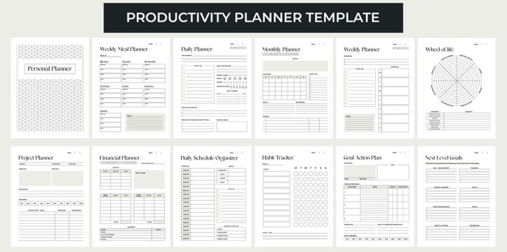 Vector planner pages templates. Daily, weekly, monthly, project, financial, schedule organizer, habit tracker, goals actions and meal planners. Aesthetic modern design.