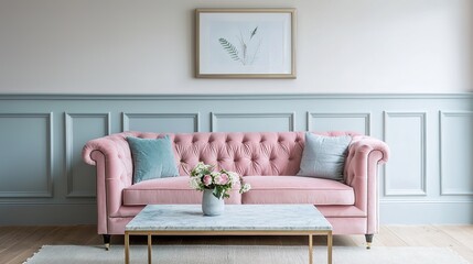 Relaxed contemporary home soft glam living space with marble and pastel accents