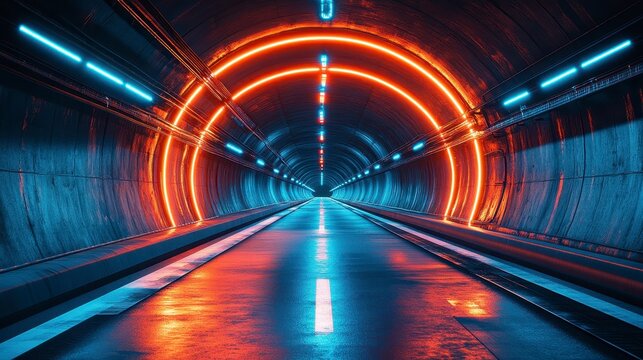 Neon tunnel A long road leads to a glowing portal