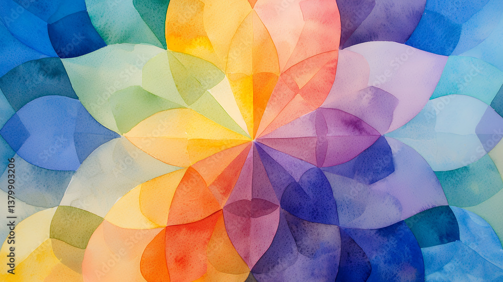 Poster vibrant watercolor pattern with overlapping petals in various colors, creating harmonious and artist
