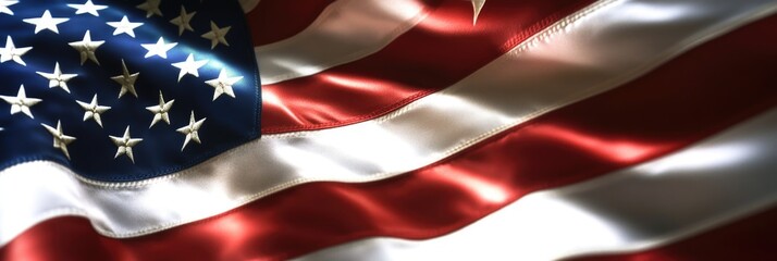 A red, white and blue American flag with stars. The flag is waving in the wind. The flag is a symbol of the United States and represents freedom and patriotism