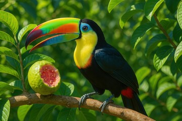 Toucan with rainbow-colored beak resting on guava branch beside pink bitten fruit

