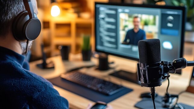 A professional giving a virtual presentation from a stylish home office, webcam and microphone set up perfectly