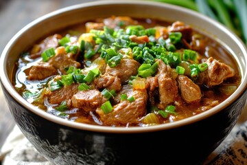 A bowl of meat and vegetables with a lot of green onions on top. The bowl is full and the food looks delicious