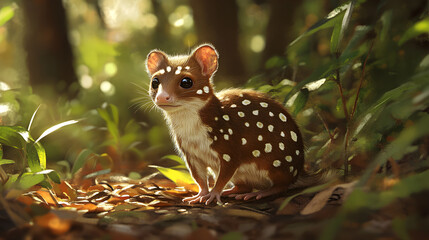 Fototapeta premium Vigilant Quoll in Pristine Wilderness: A Glimpse into Australia's Endearing Marsupial Habitat