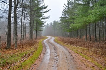 Obraz premium A scenic drive through the Pine Barrens, with tall pine trees lining a winding road