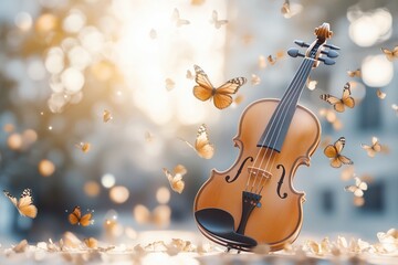 Fototapeta premium Butterflies flutter around violin under golden sunlight bokeh