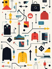 Bright infographic showcasing clothing trends with arrows and vector art elements representing modern fashion movements and styles