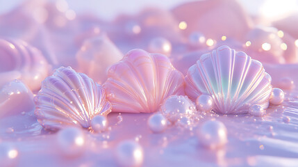 Obraz premium A dreamy arrangement of iridescent seashells and shimmering pearls in a pastel and surreal aesthetic, soft hues, and a kawaii vibe creates a magical, whimsical, and delicate visual experience.