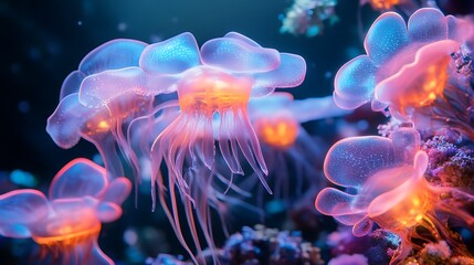 Fototapeta premium The beautiful glowing jellyfish float gracefully through deep blue ocean water