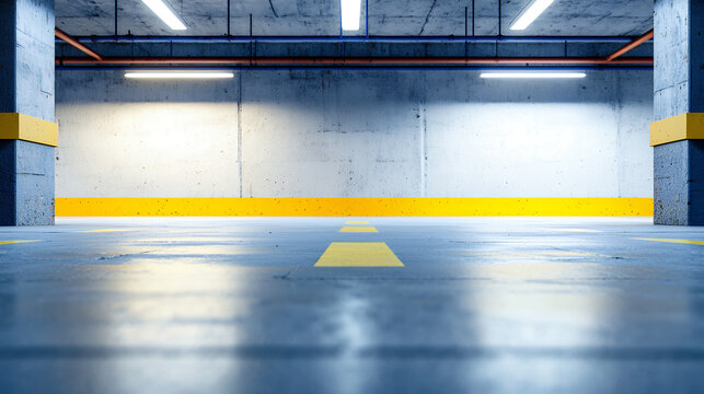 spacious underground parking lot with concrete walls and bright yellow lines on floor, creating modern and clean atmosphere